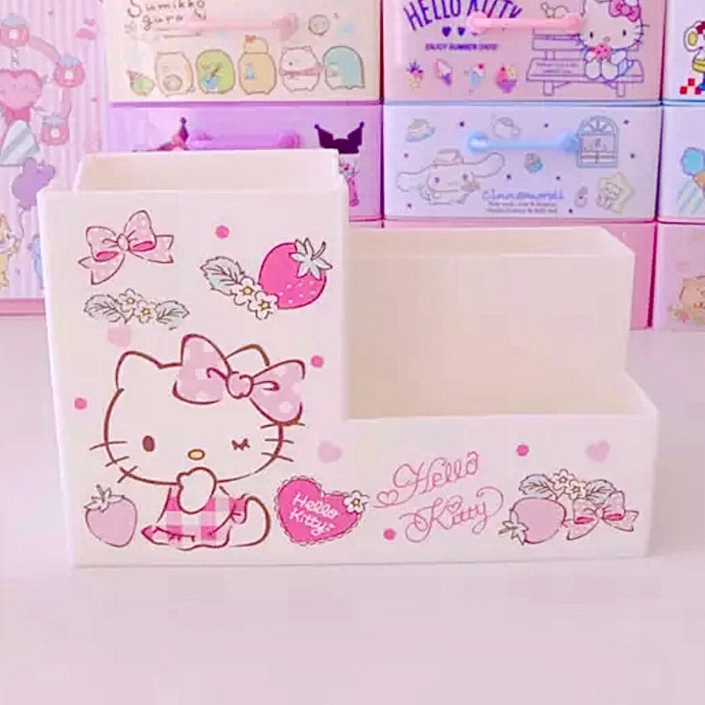 Hello Kitty Desk Organizer 3 Compartments Kitty with Strawberries and Pink Bows